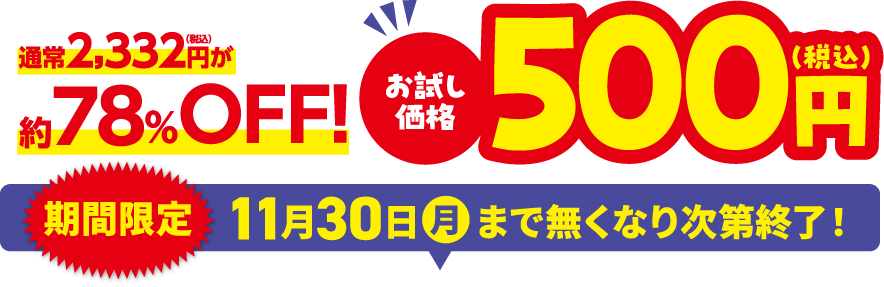 通常2,332円(税込)が約78%OFF!お試し価格500円(税込) 期間限定11月30日(月)まで無くなり次第終了!